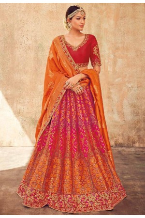 Pink orange and red Indian silk wedding lehenga